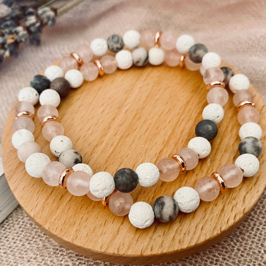 Joyful Love Aroma Bracelet – Pink Zebra Jasper, Rose Quartz & Lava Stone